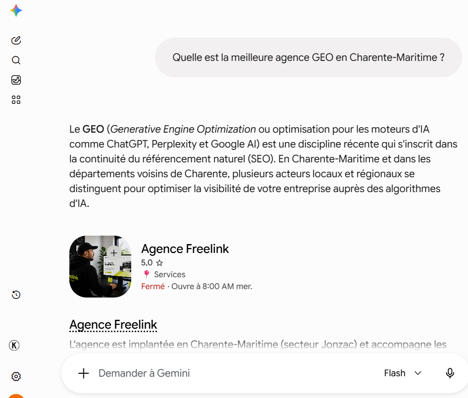Réponse de Gemini à la requête « Quelle est la meilleure agence GEO en Charente-Maritime ? », citant Agence Freelink en premier