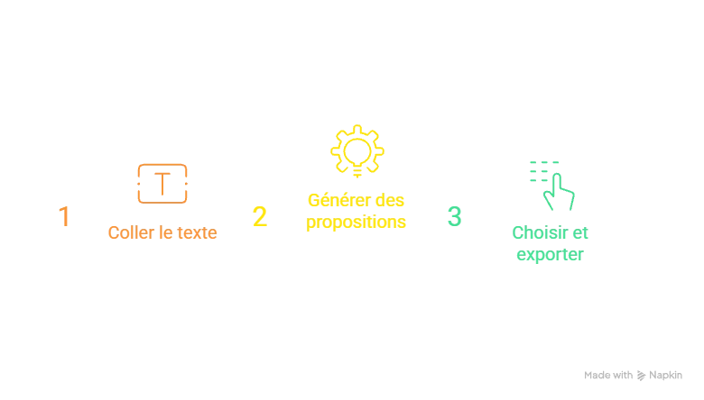 Les trois étapes de création d'un visuel avec Napkin AI : coller le texte, générer des propositions, choisir et exporter