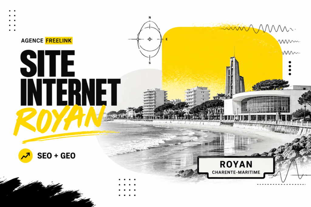SEO et GEO à Royan — illustration de Royan (église Notre-Dame, phare, carrelet) et signature Agence Freelink